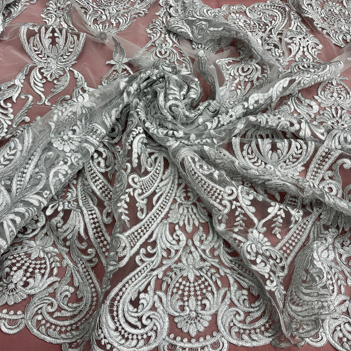 1 Yard 54" Wide Corded Bridal Lace Fabric Embroidered on 100% Polyester Net Mesh