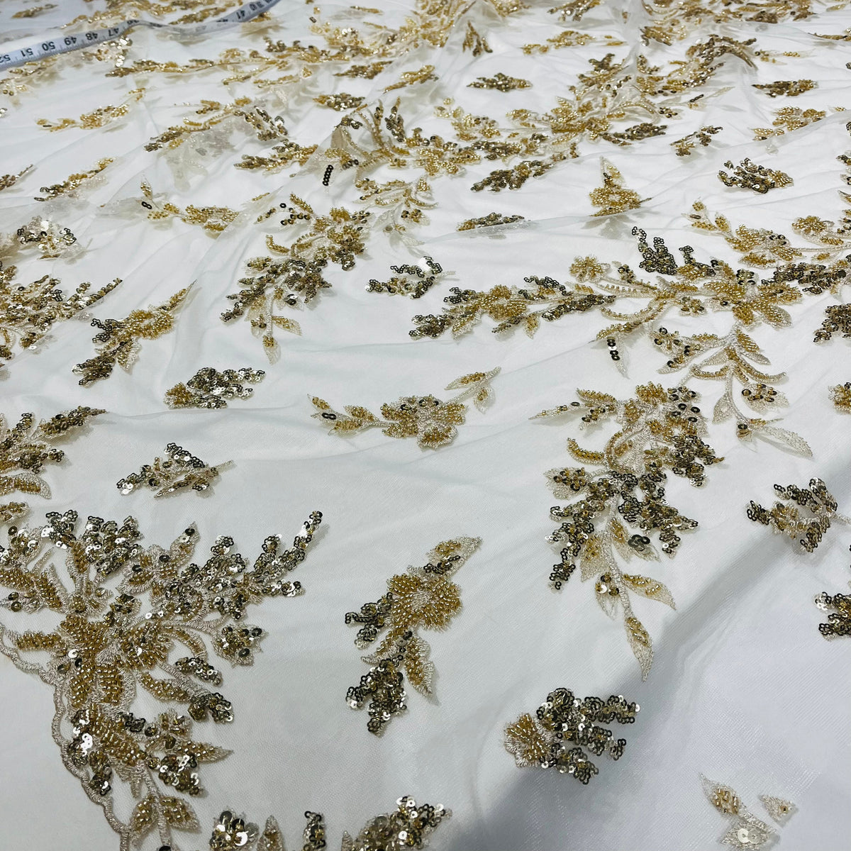 1 Yard Elegant Beaded & Corded Lace Trim on 100% Polyester Mesh, Floral Embroidered Lace Fabric