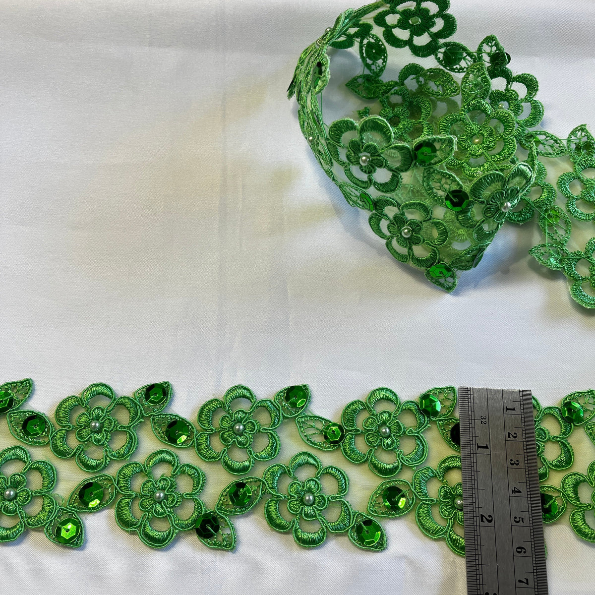 1 Yard Elegant Beaded & Corded Lace Trim, Embroidered 100% Polyester Fabric