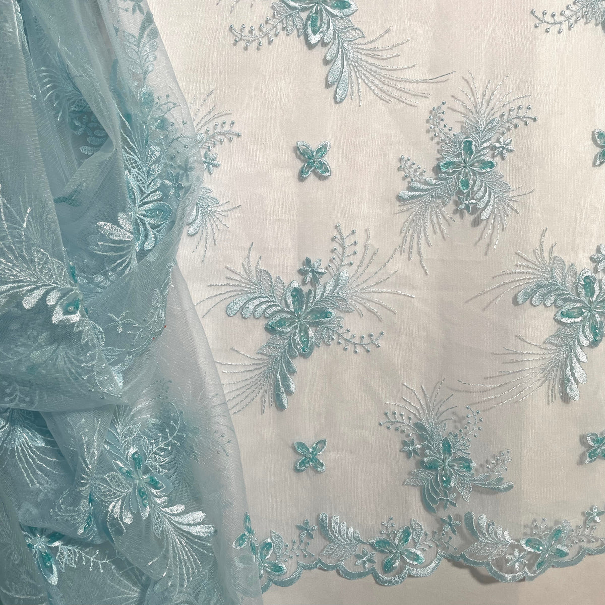 1 Yard Beaded Lace Fabric Embroidered on 100% Polyester Net Mesh, Elegant Sheer Textile for Garments