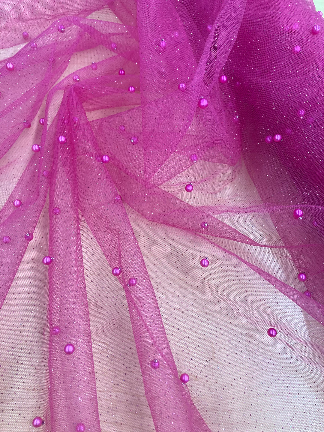 1 Yard Glitter Mesh Fabric with Scattered Pearls | 2 Way Stretch | 60" Wide | Soft Tulle for Gowns, Veils & Couture Projects