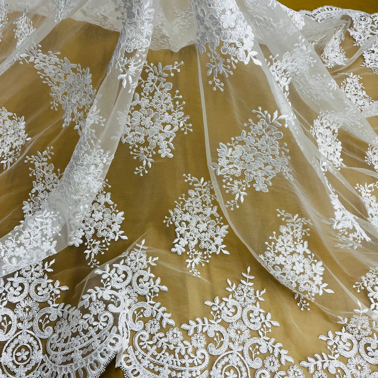 1 Yard White Elegant Corded Bridal Lace Fabric Embroidered on Polyester Net Mesh 56" Width