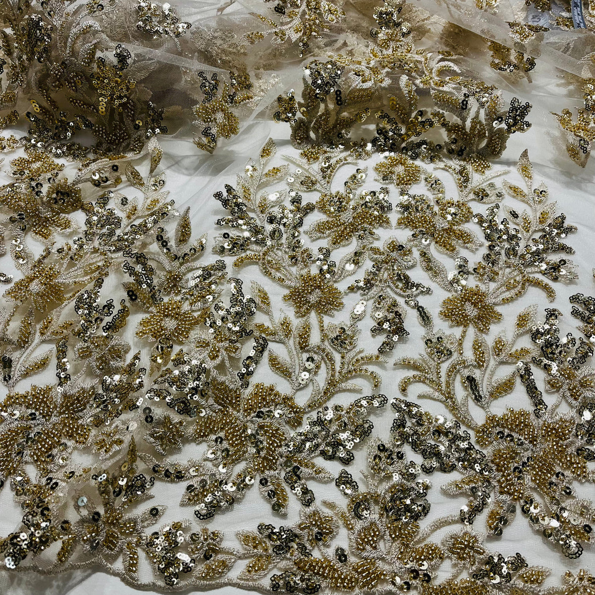 1 Yard Elegant Beaded & Corded Lace Trim on 100% Polyester Mesh, Floral Embroidered Lace Fabric