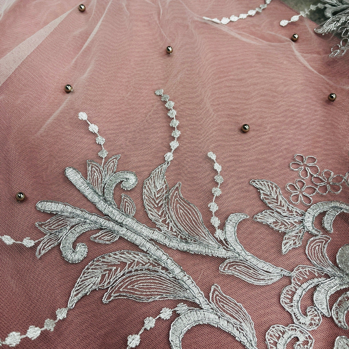 1 Yard Elegant Beaded & Corded Embroidered Bridal Lace on Polyester Mesh, Style 73013W-NB