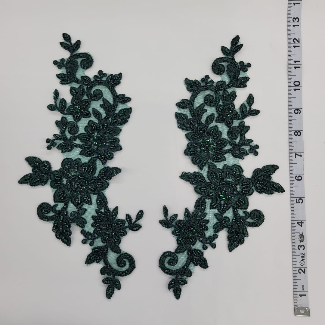1 Pair Beaded & Corded Floral Lace Applique 100% Polyester Net Mesh 12.5" x 5"