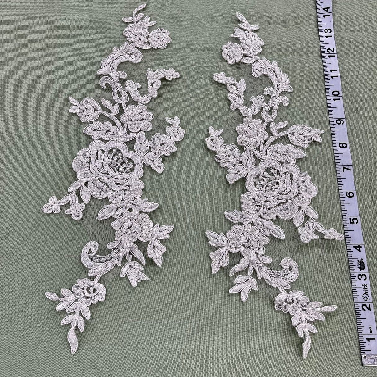 1 Pair 15" x 3.5" Beaded & Corded Floral Lace Applique Embroidered on 100% Polyester Net Mesh