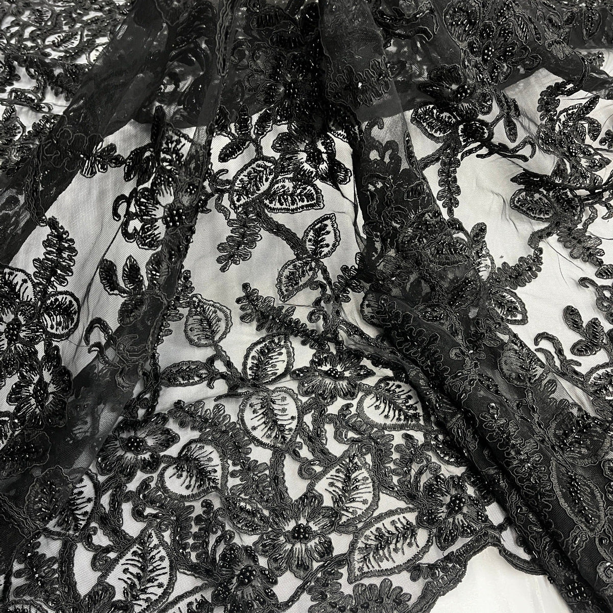 1 Yard 50" Wide Beaded & Corded Lace Fabric Embroidered on 100% Polyester Net Mesh