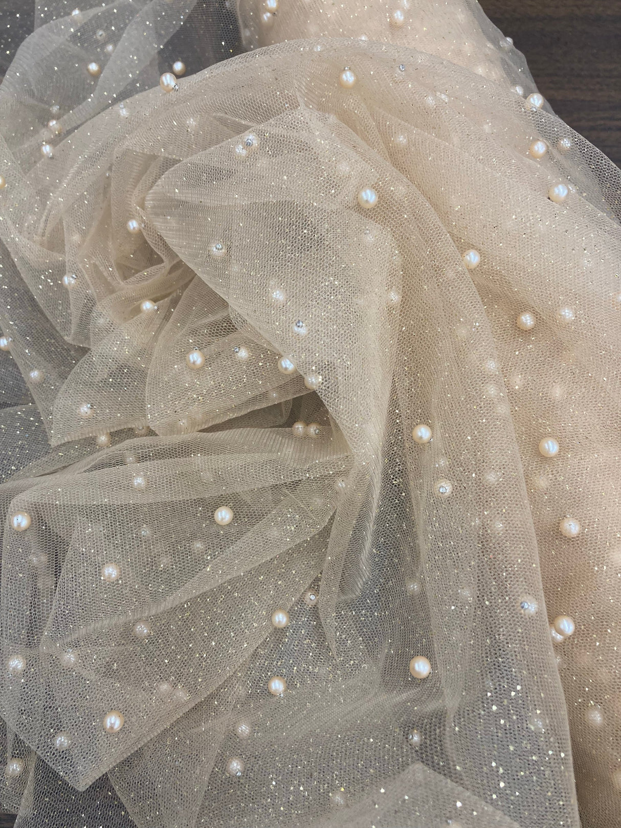 1 Yard Glitter Mesh Fabric with Scattered Pearls | 2 Way Stretch | 60" Wide | Soft Tulle for Gowns, Veils & Couture Projects
