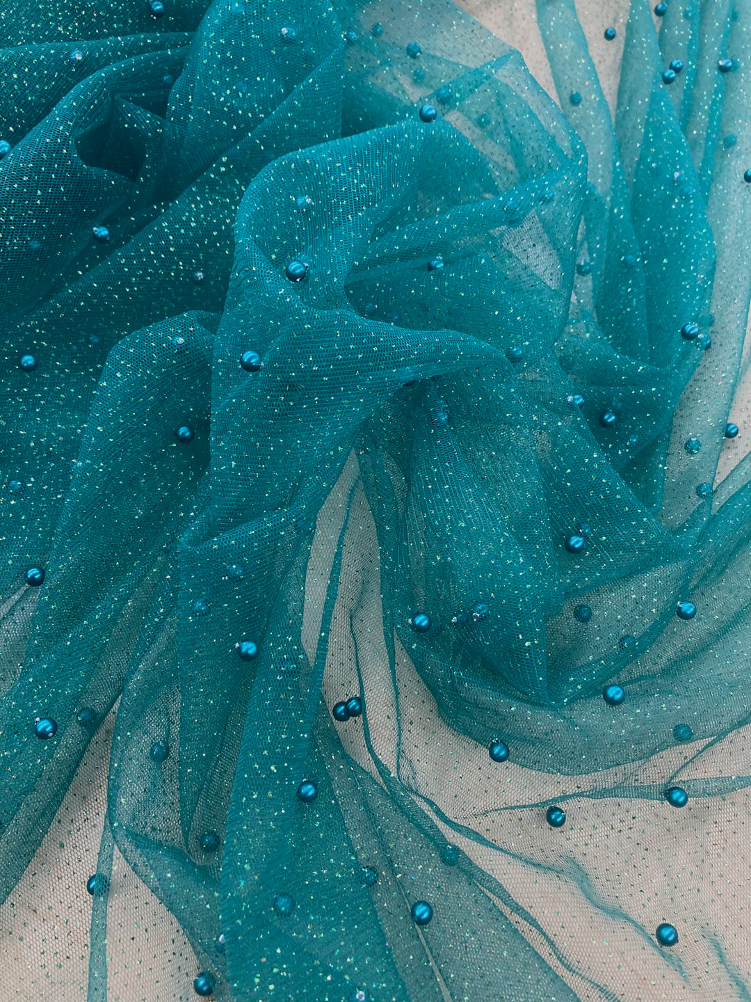 1 Yard Glitter Mesh Fabric with Scattered Pearls | 2 Way Stretch | 60" Wide | Soft Tulle for Gowns, Veils & Couture Projects