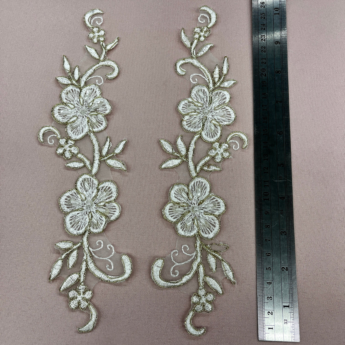 1 Yard Beaded & Corded Lace Applique Embroidered on Polyester Organza for Bridal & Evening Wear 10" X 2"