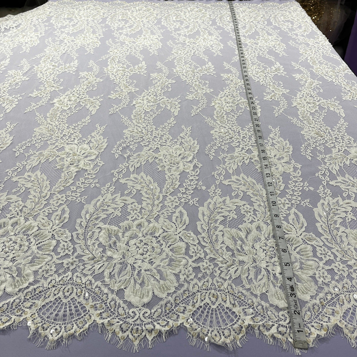 3 Yards Beaded Chantilly Embroidered Lace Fabric with Eyelash Scallop 56" Wide Ivory