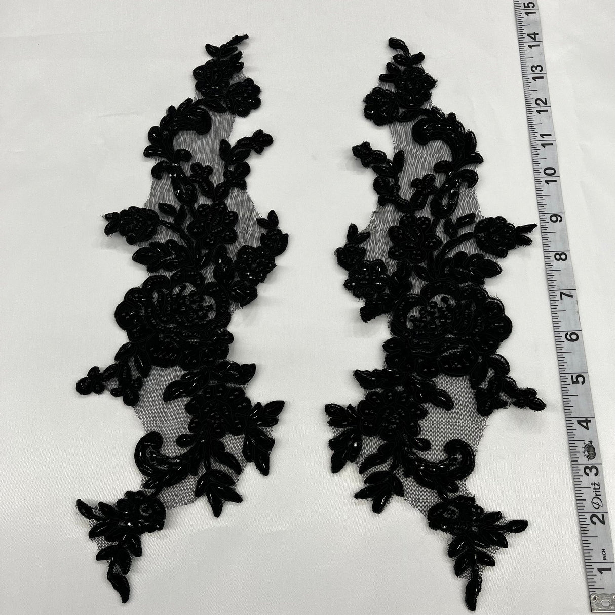 1 Pair 15" x 3.5" Beaded & Corded Floral Lace Applique Embroidered on 100% Polyester Net Mesh