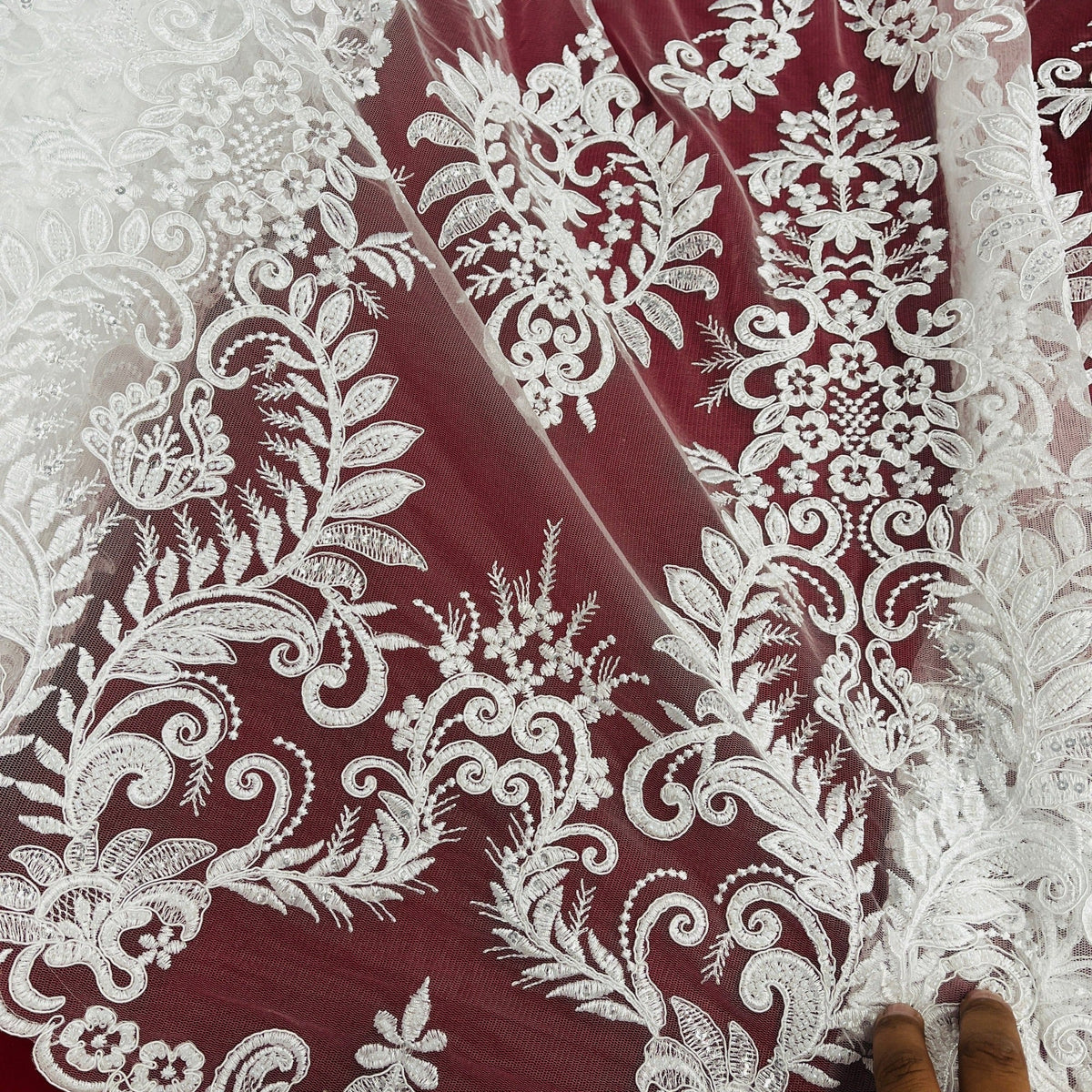 1 Yard Elegant Corded Bridal Lace Fabric, Embroidered 100% Polyester Mesh for Gowns & Decor