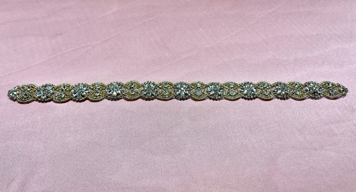 Crystal Floral Bridal Rhinestone Sash Applique 18.75" x 1.25"