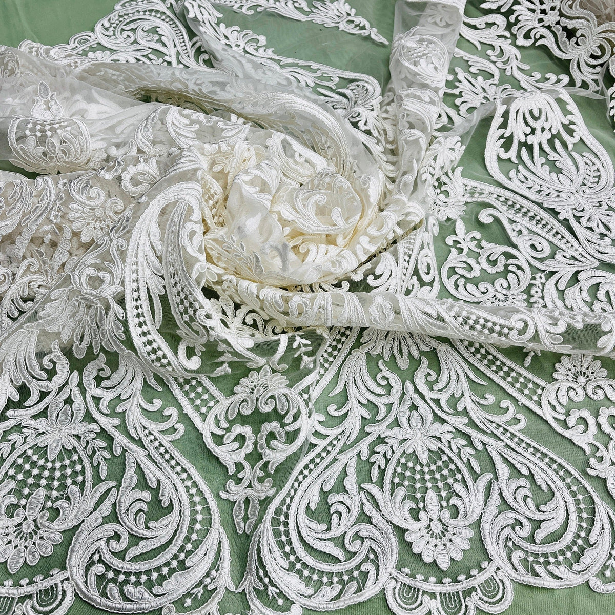 1 Yard 54" Wide Corded Bridal Lace Fabric Embroidered on 100% Polyester Net Mesh