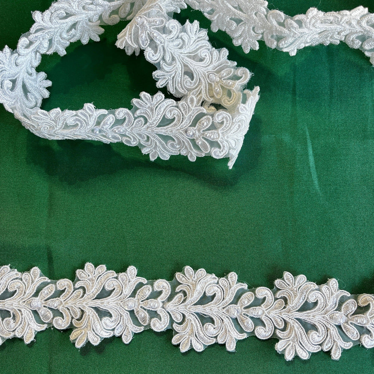 1 Yard Elegant Beaded & Corded Embroidered Lace Trim, 100% Polyester Fabric