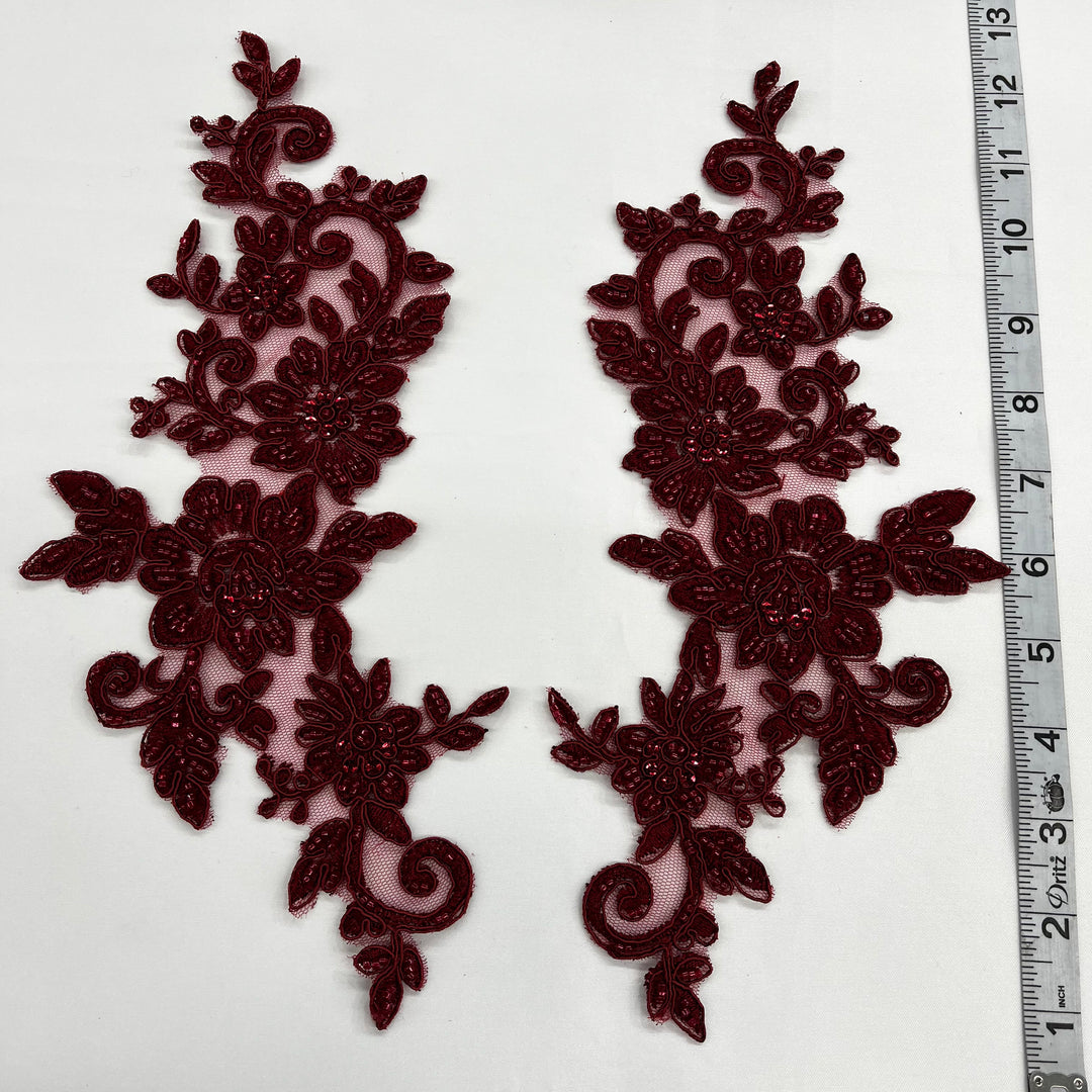 1 Pair Beaded & Corded Floral Lace Applique 100% Polyester Net Mesh 12.5" x 5"