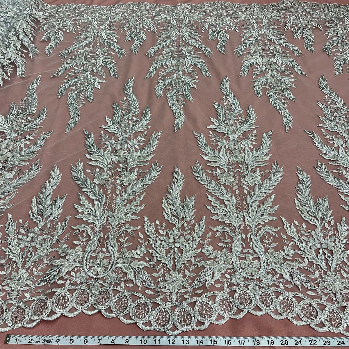 1 Yard Beaded & Corded Embroidered Lace Fabric on 100% Polyester Net Mesh 51" Wide