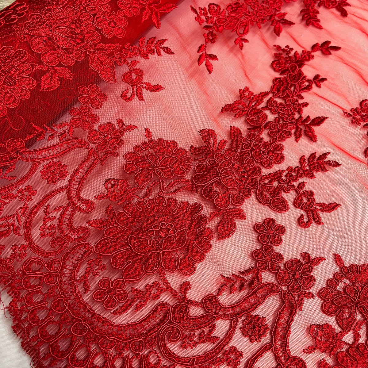 1 Yard Elegant Corded Bridal Lace Fabric on 100% Polyester Mesh, Embroidered Floral Design