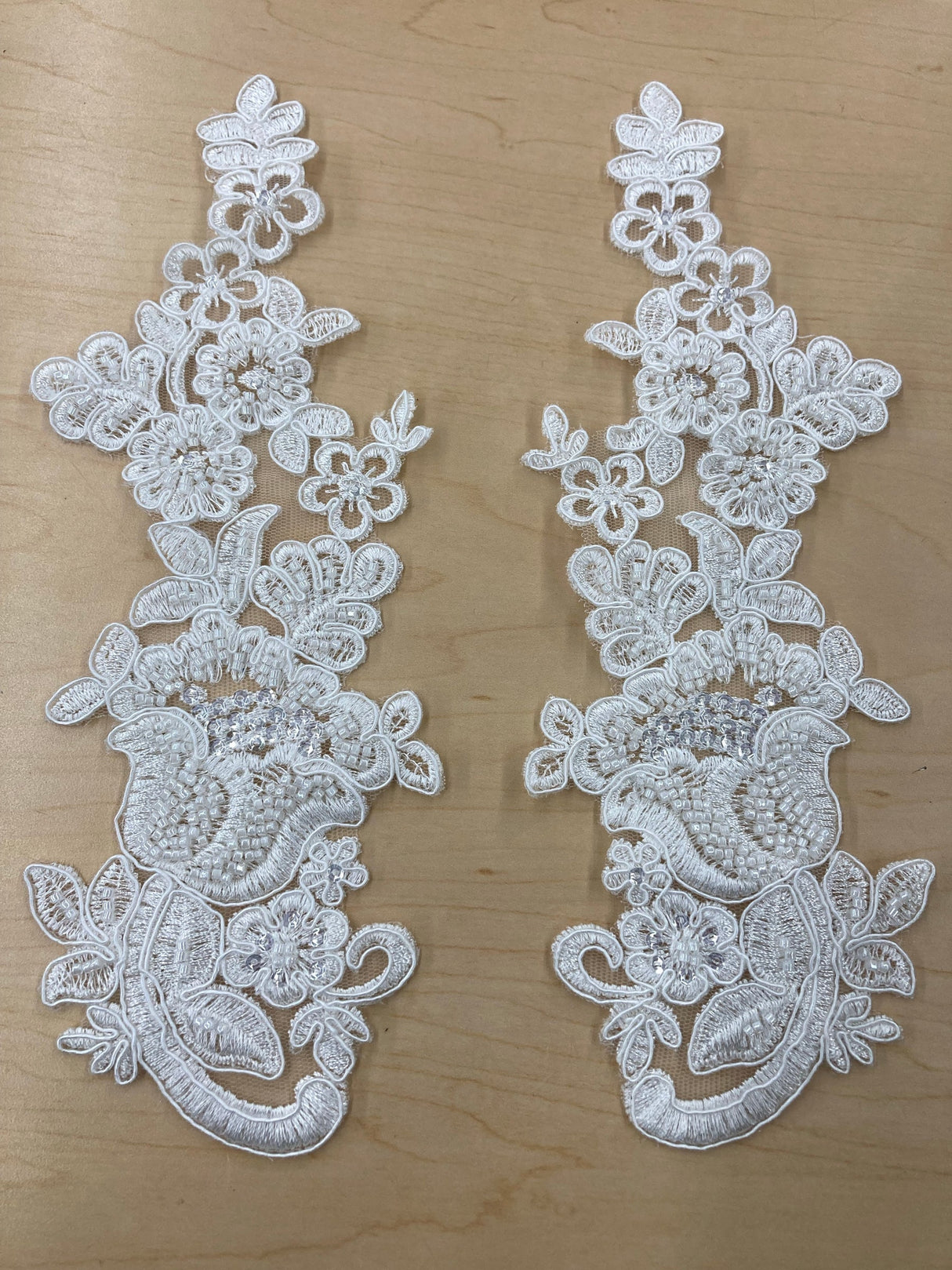 1 Pair 10" x 3.5" Each Side Beaded & Corded Floral Lace Applique100% Polyester Net Mesh