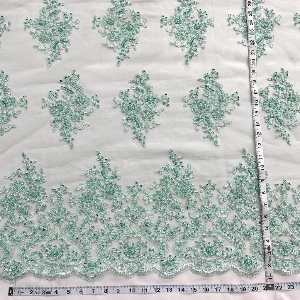1 Yard Elegant Beaded and Corded Bridal Lace Fabric Embroidered on Polyester Net Mesh Sage 54" Width