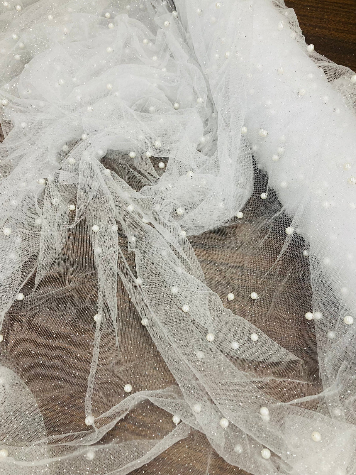 1 Yard Glitter Mesh Fabric with Scattered Pearls | 2 Way Stretch | 60" Wide | Soft Tulle for Gowns, Veils & Couture Projects