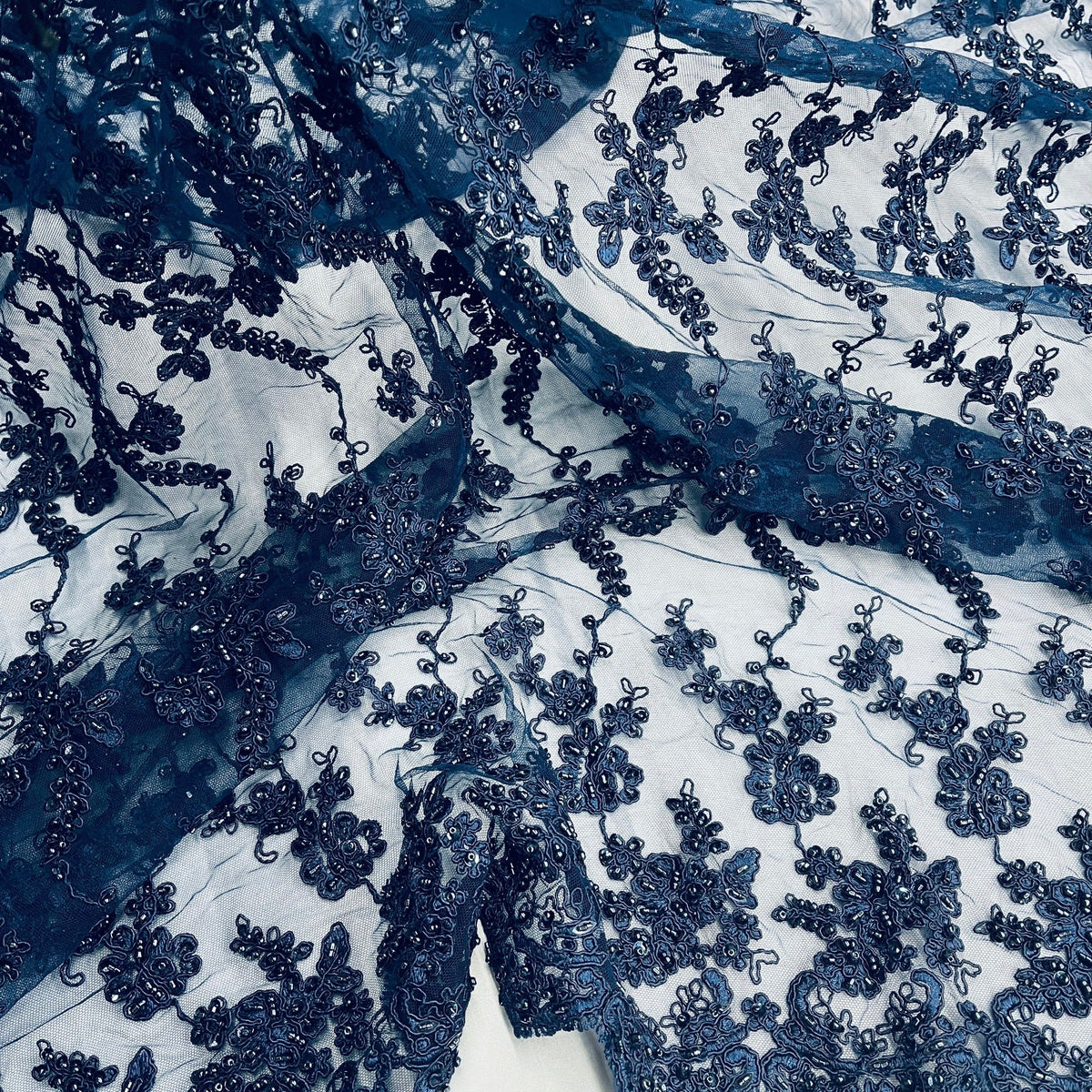 1 Yard Beaded & Corded Lace Fabric Embroidered on 100% Polyester Net Mesh 54" Wide