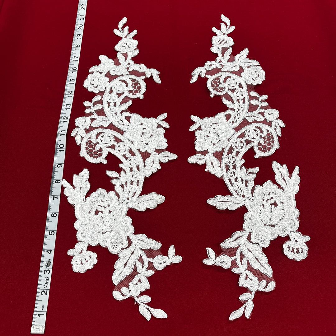 1 Pair 22" x 5" Corded Floral Lace Applique 100% Polyester Net Mesh