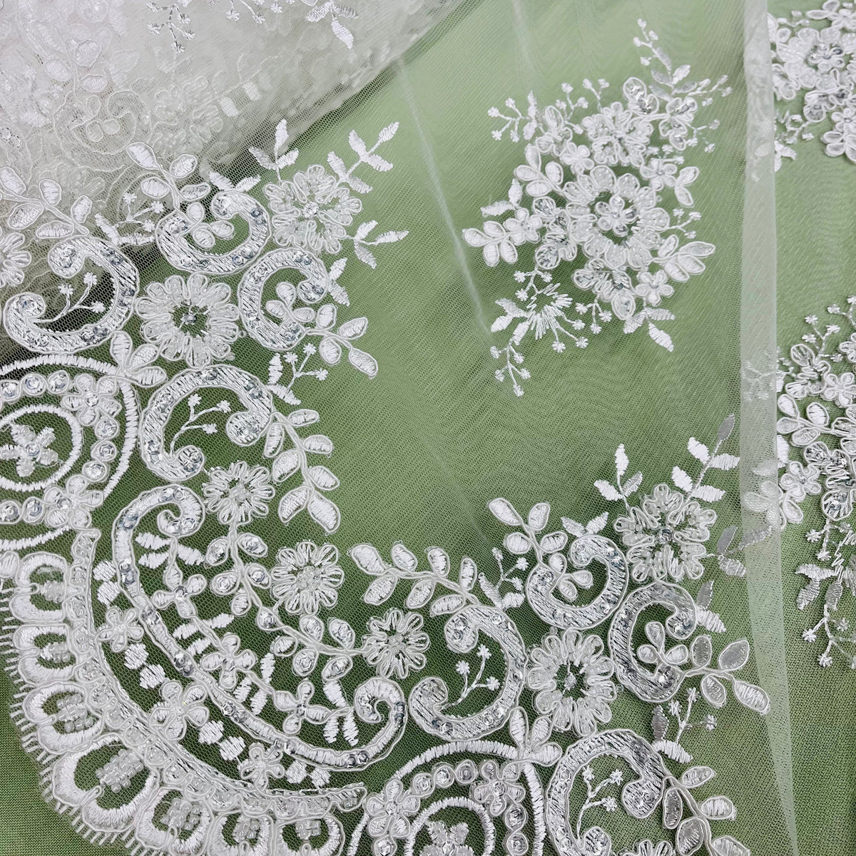 1 Yard Beaded & Corded Lace Fabric on 100% Polyester Net Mesh, Elegant Embroidered Lace Material