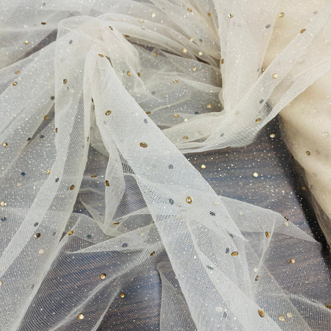 1 Yard High-Quality Glitter Mesh Fabric with Scattered Rhinestones 60" Wide