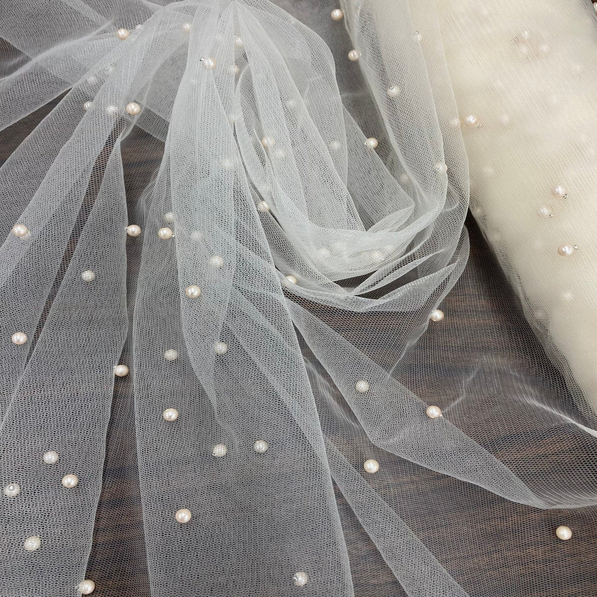 1 Yard 2 Way Stretch Net Mesh Fabric with Scattered Pearls | 60" Wide | Soft Tulle for Gowns, Veils, and Special Occasion Wear