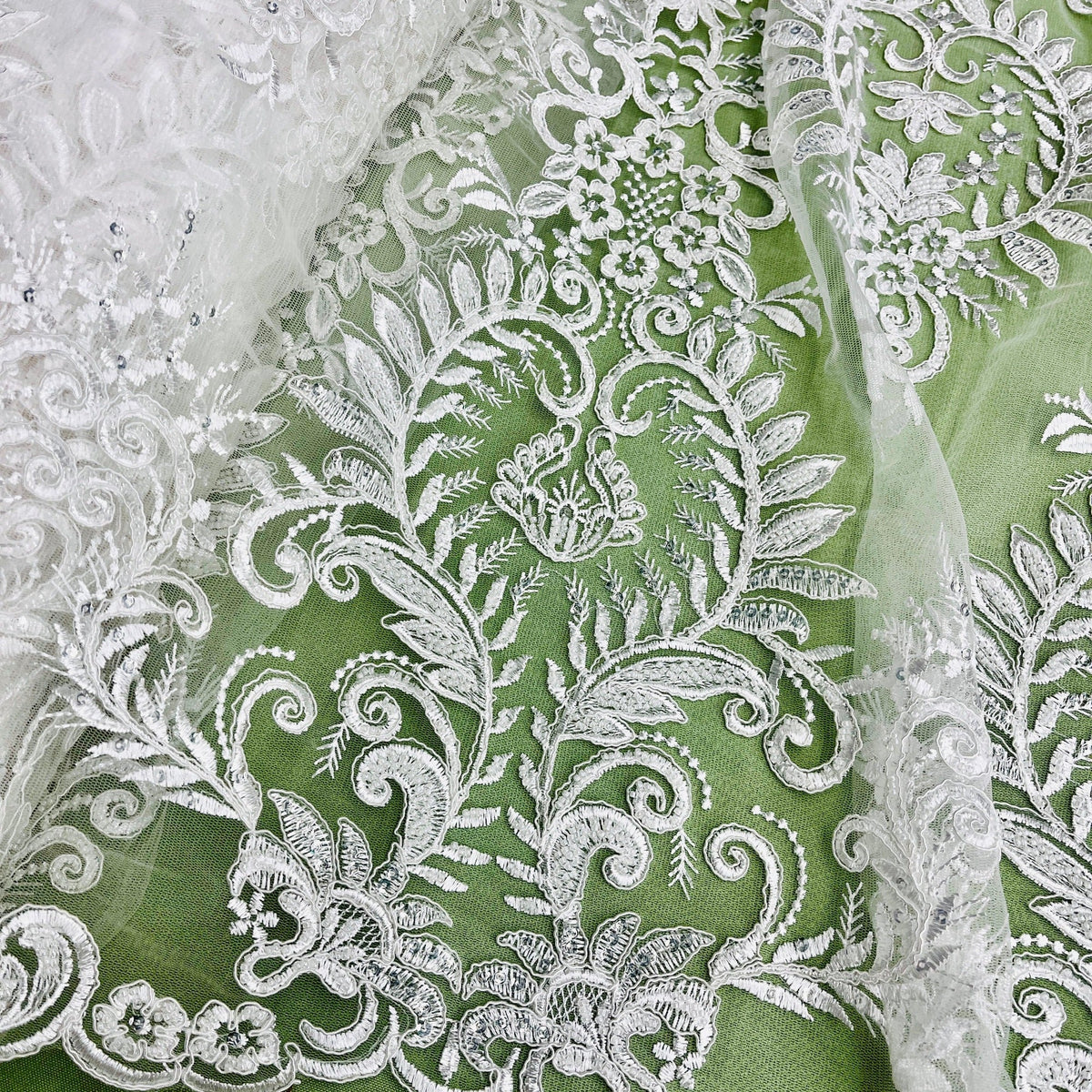1 Yard Elegant Corded Bridal Lace Fabric, Embroidered 100% Polyester Mesh for Gowns & Decor