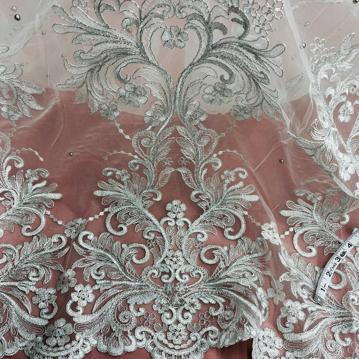 1 Yard Elegant Beaded & Corded Embroidered Bridal Lace on Polyester Mesh, Style 73013W-NB
