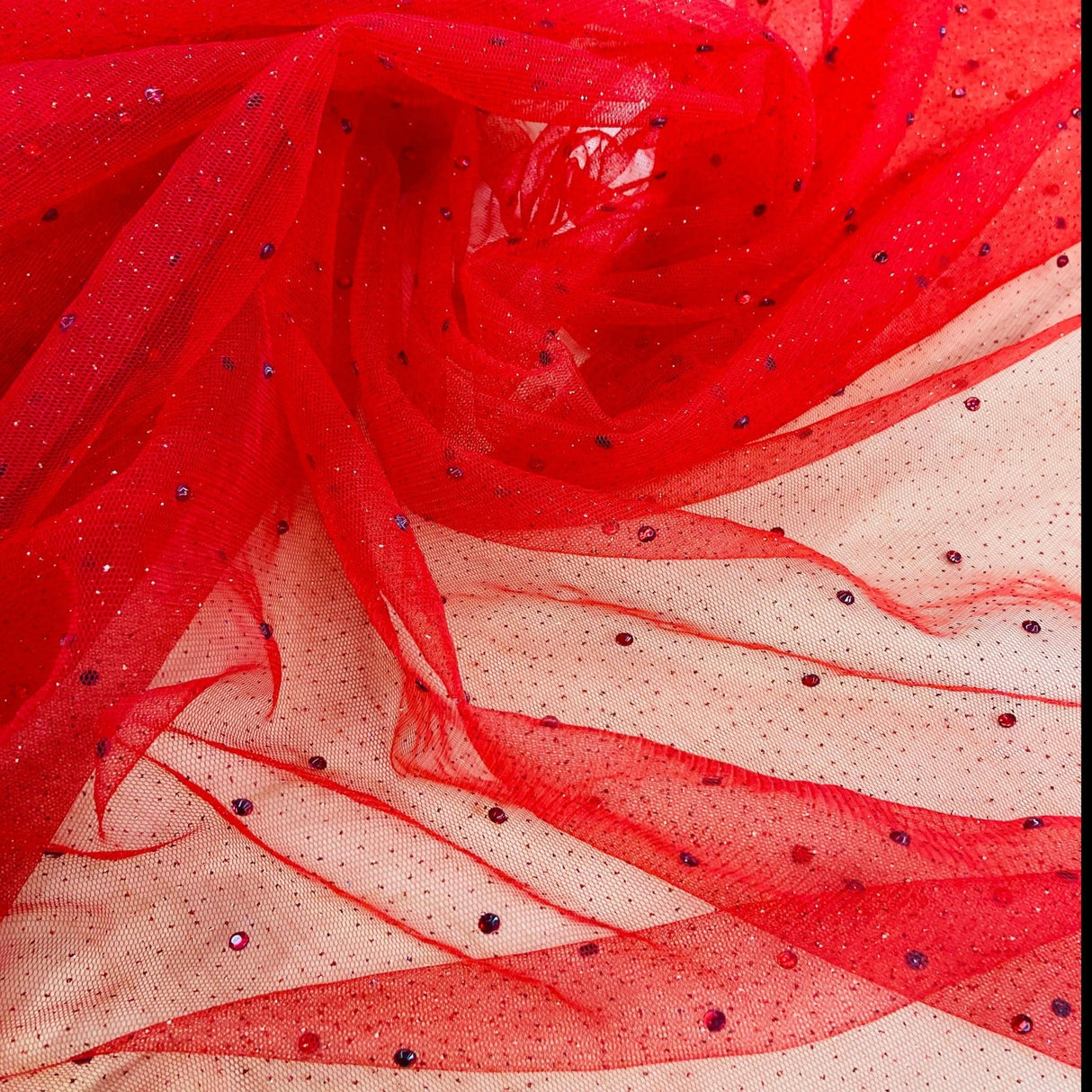 1 Yard Glitter Mesh Fabric with Scattered Rhinestones | 60" Wide | 2 Way Stretch Sparkle Mesh for Gowns, Bridal Wear & Costumes