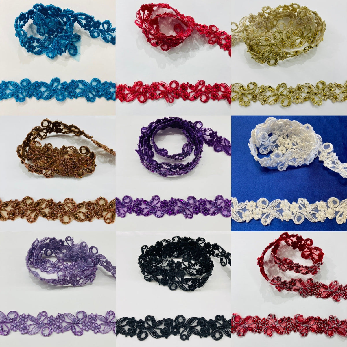 1 Yard Beaded & Corded Lace Trimming Embroidered on 100% Polyester Organza 1.5" Wide