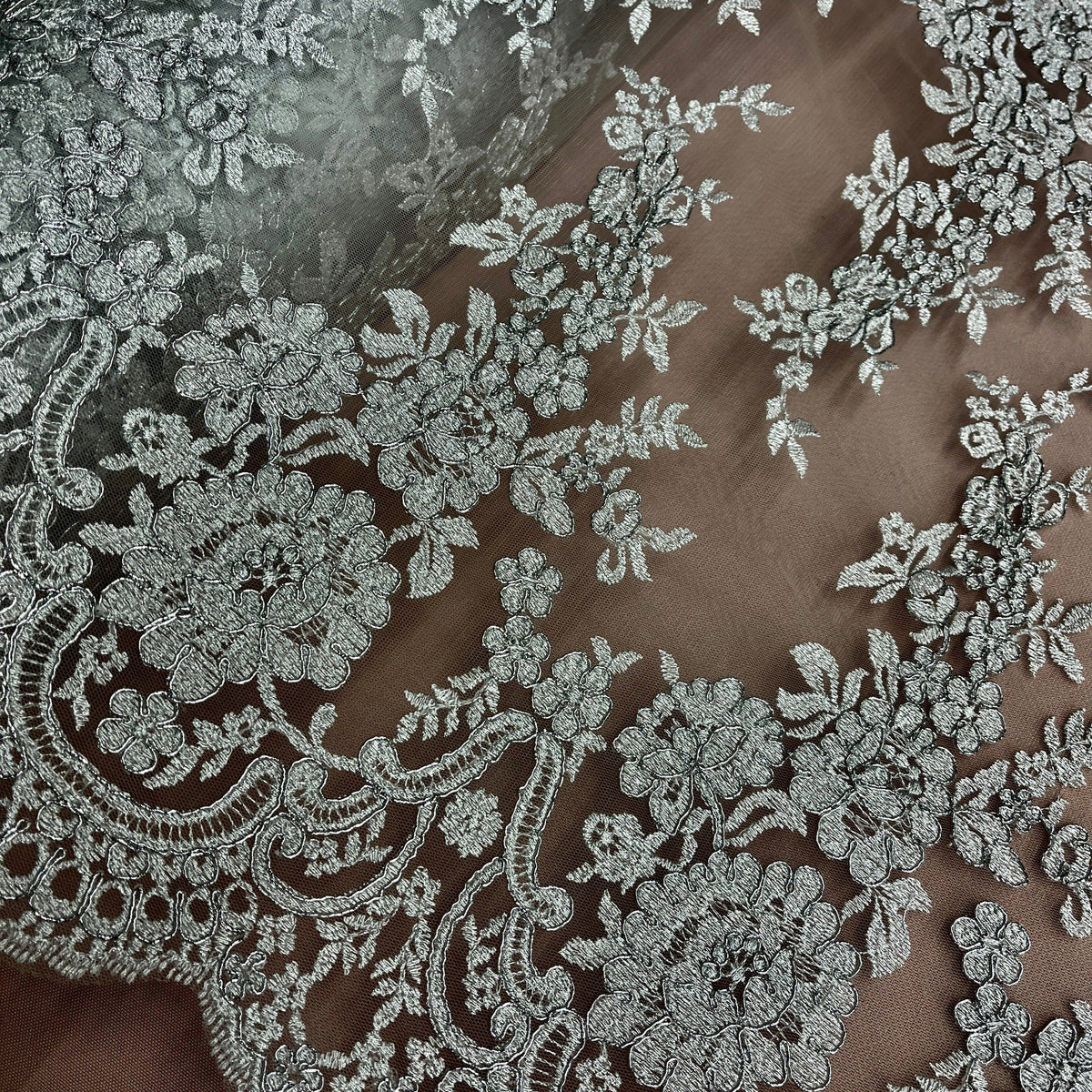 1 Yard Elegant Corded Bridal Lace Fabric on 100% Polyester Mesh, Embroidered Floral Design
