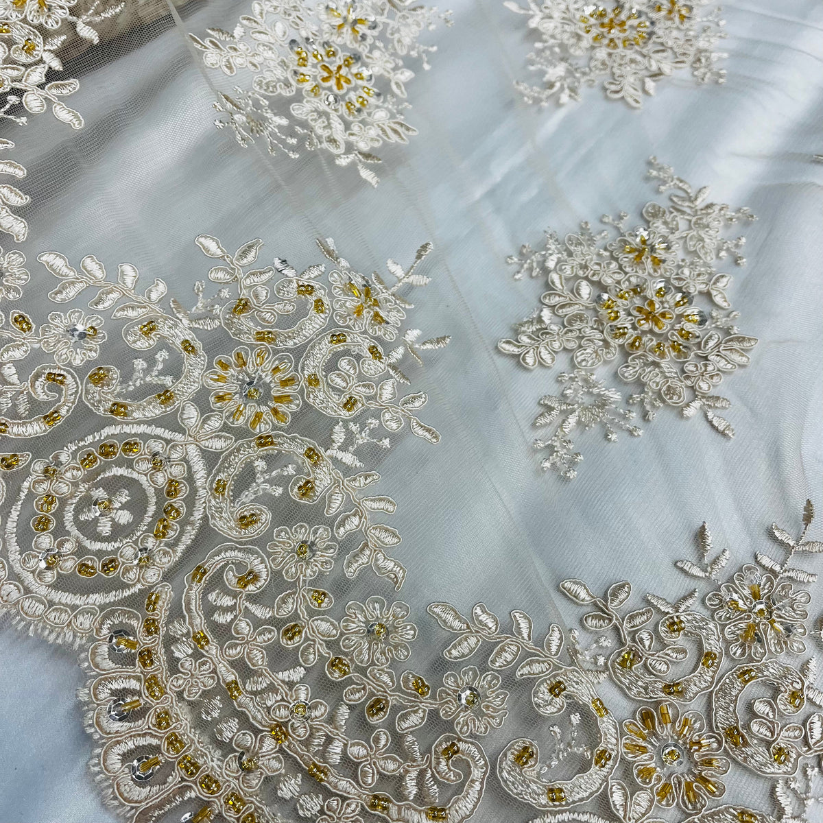 1 Yard Beaded & Corded Embroidered Lace Fabric on 100% Polyester Net Mesh, Elegant Wedding & Evening Material