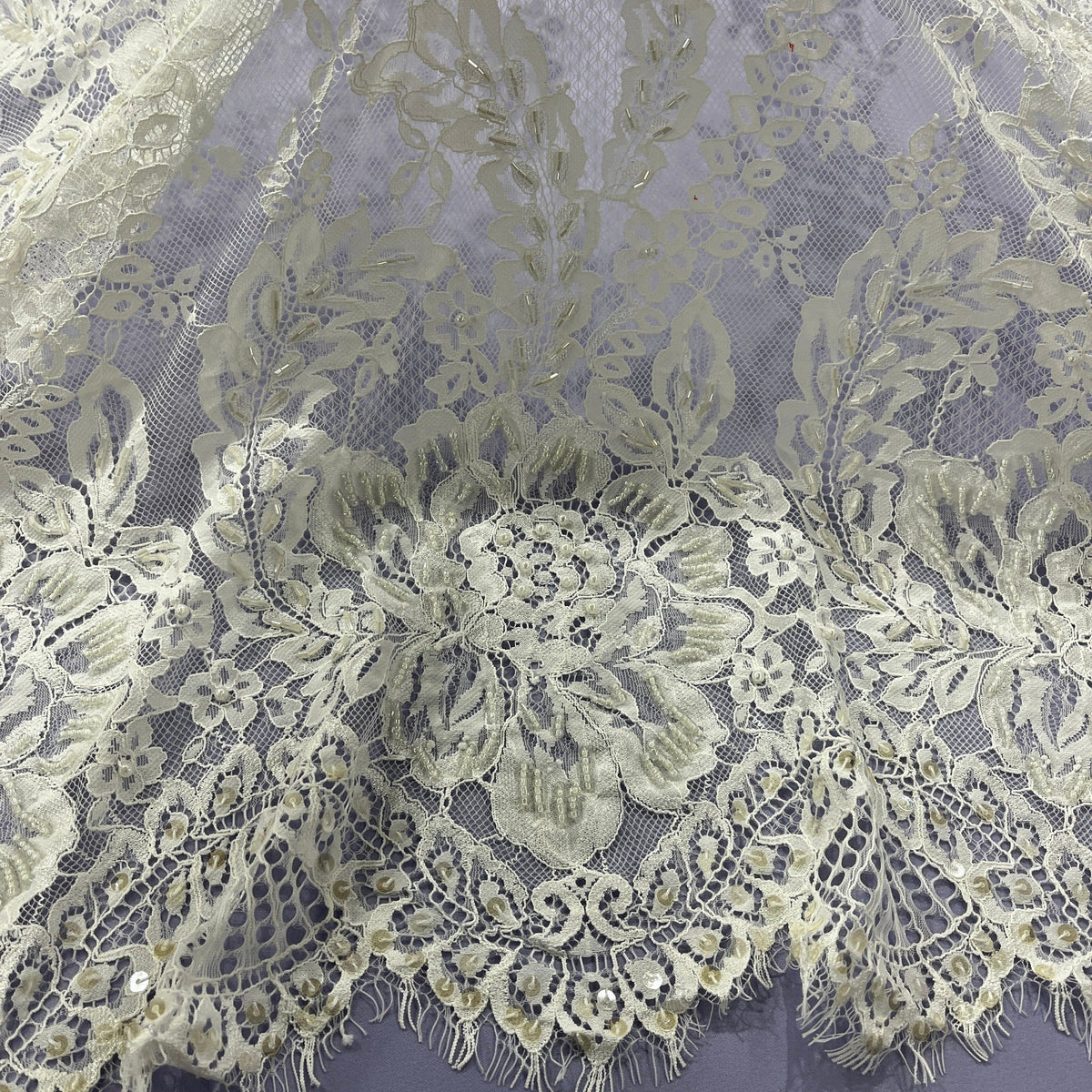 3 Yards Beaded Chantilly Embroidered Lace Fabric with Eyelash Scallop 56" Wide Ivory