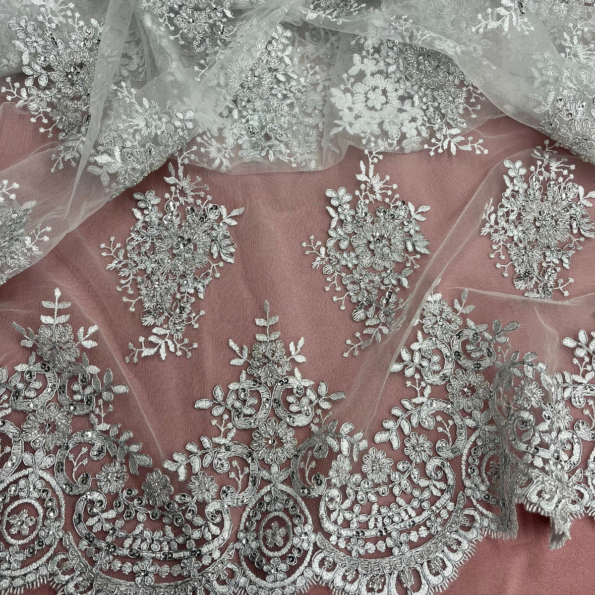 1 Yard Beaded & Corded Lace Fabric on 100% Polyester Net Mesh, Elegant Embroidered Lace Material