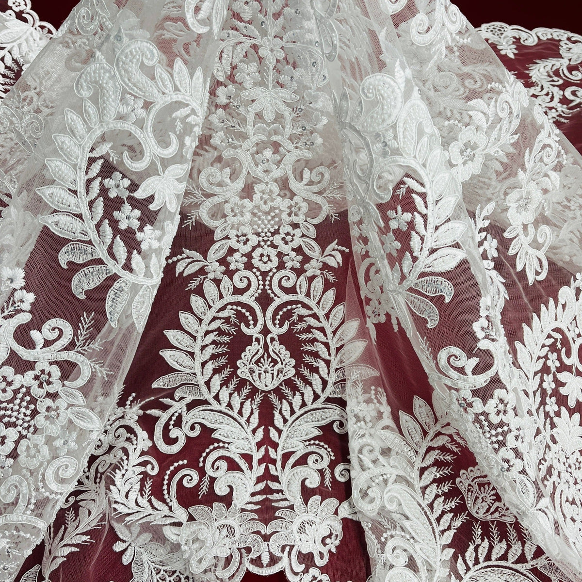 1 Yard Elegant Corded Bridal Lace Fabric, Embroidered 100% Polyester Mesh for Gowns & Decor