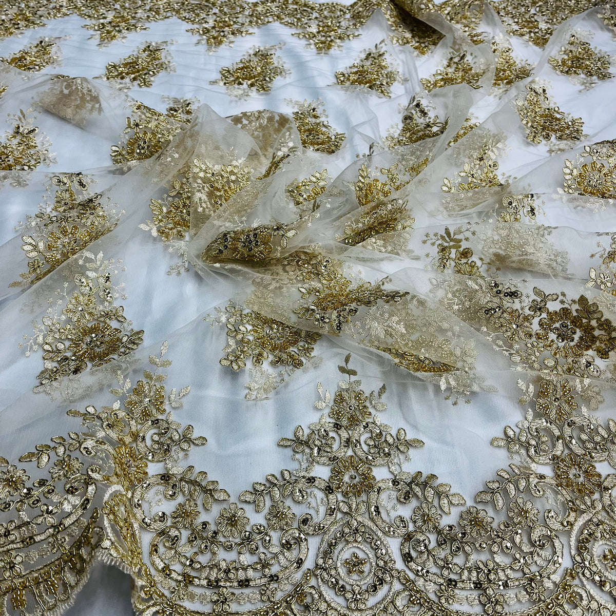 1 Yard Beaded & Corded Lace Fabric on 100% Polyester Net Mesh, Elegant Embroidered Lace Material