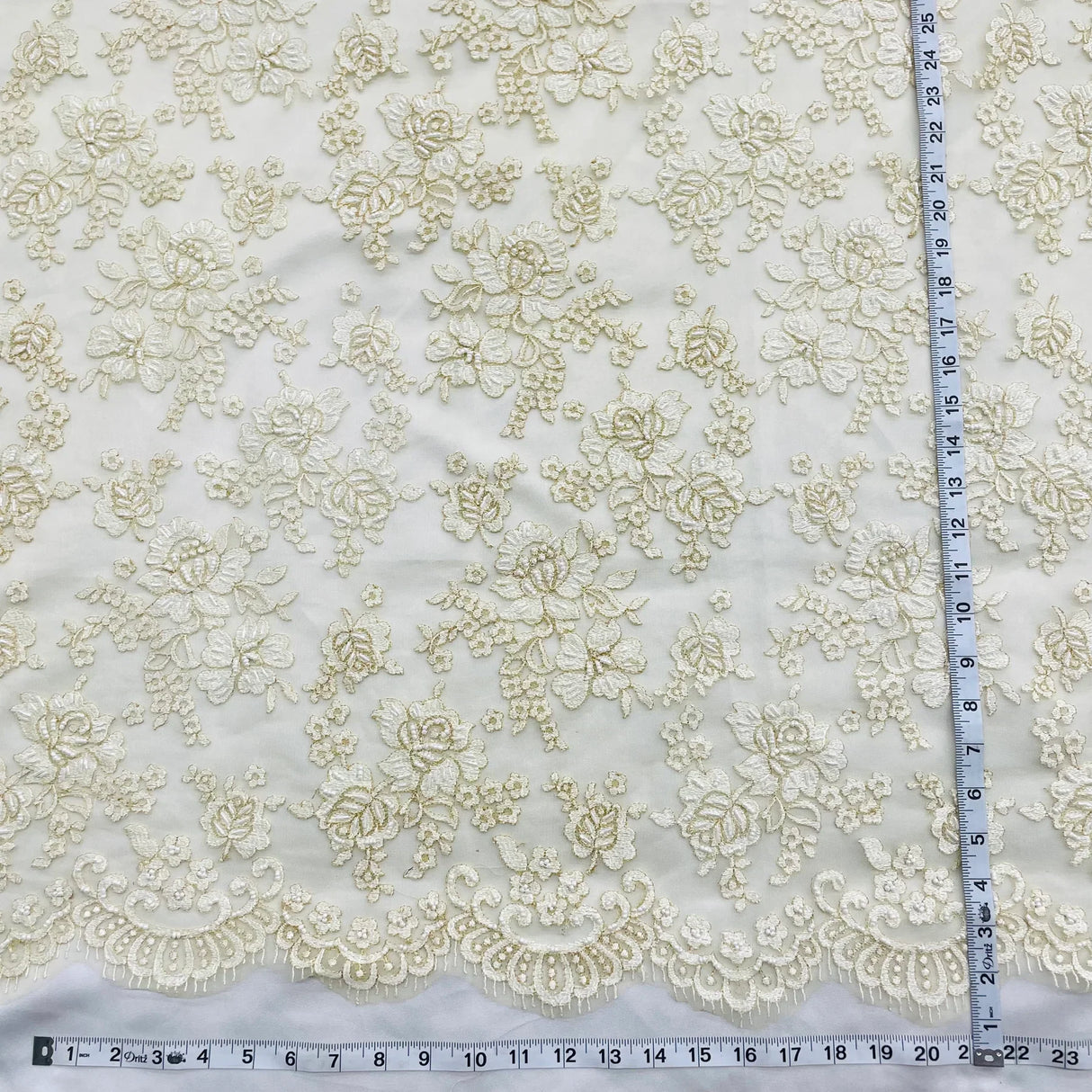 1 Yard Elegant Beaded Lace Fabric Embroidered on Polyester Net Mesh Ivory with Gold 54" Width