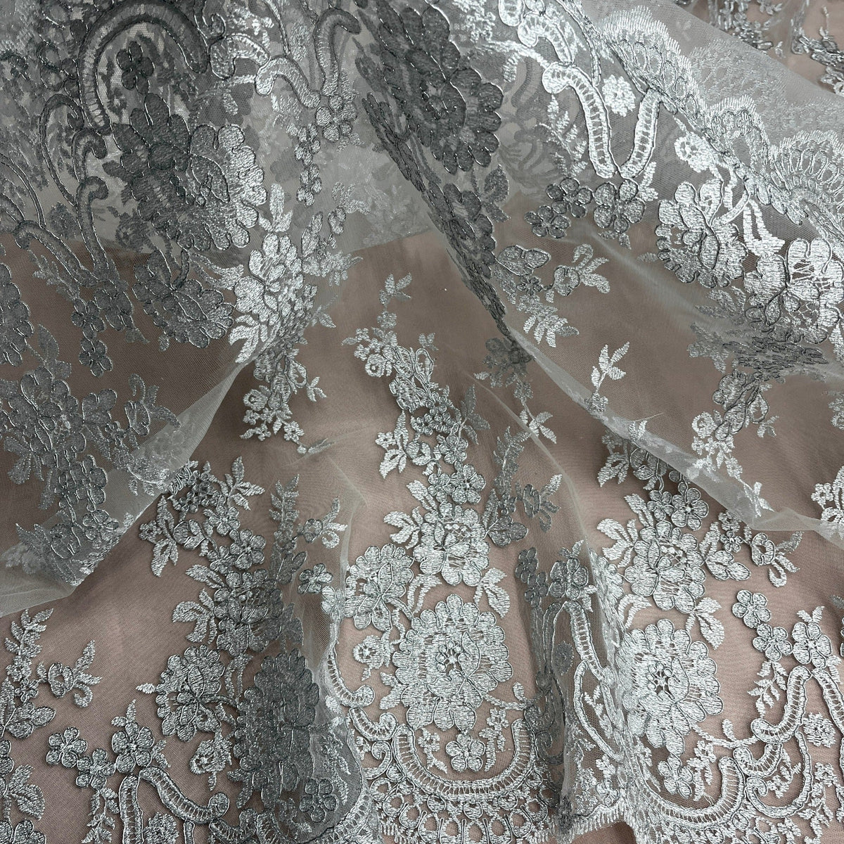 1 Yard Elegant Corded Bridal Lace Fabric on 100% Polyester Mesh, Embroidered Floral Design