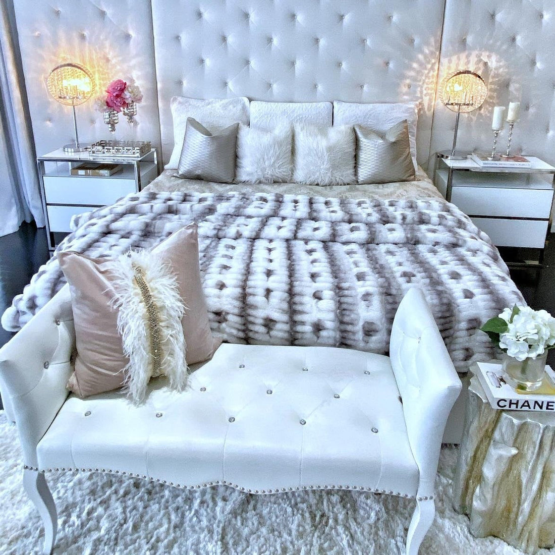 Braided Soft Faux Fur Blanket Fluffy Gray White Comforter & Throw, Queen or Cal King Size