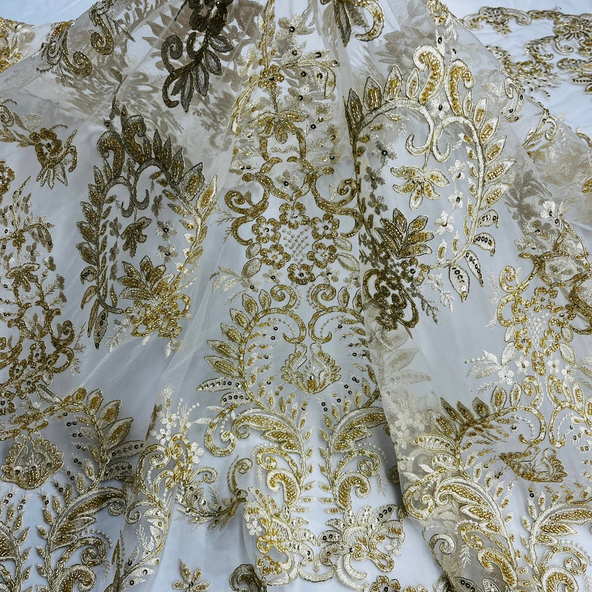 1 Yard Elegant Corded Bridal Lace Fabric, Embroidered 100% Polyester Mesh for Gowns & Decor