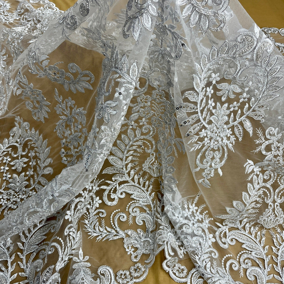 1 Yard Elegant Corded Bridal Lace Fabric, Embroidered 100% Polyester Mesh for Gowns & Decor