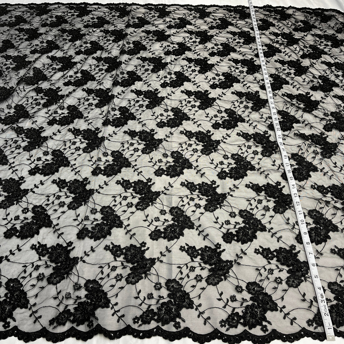 1 Yard Beaded & Corded Lace Fabric Embroidered on 100% Polyester Net Mesh 52" Wide