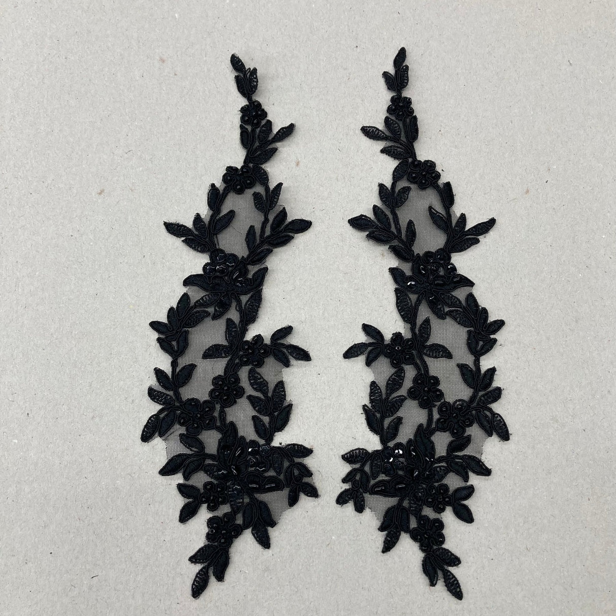 1 Pair Beaded & Corded Floral Lace Applique 13" x 4" Each Side