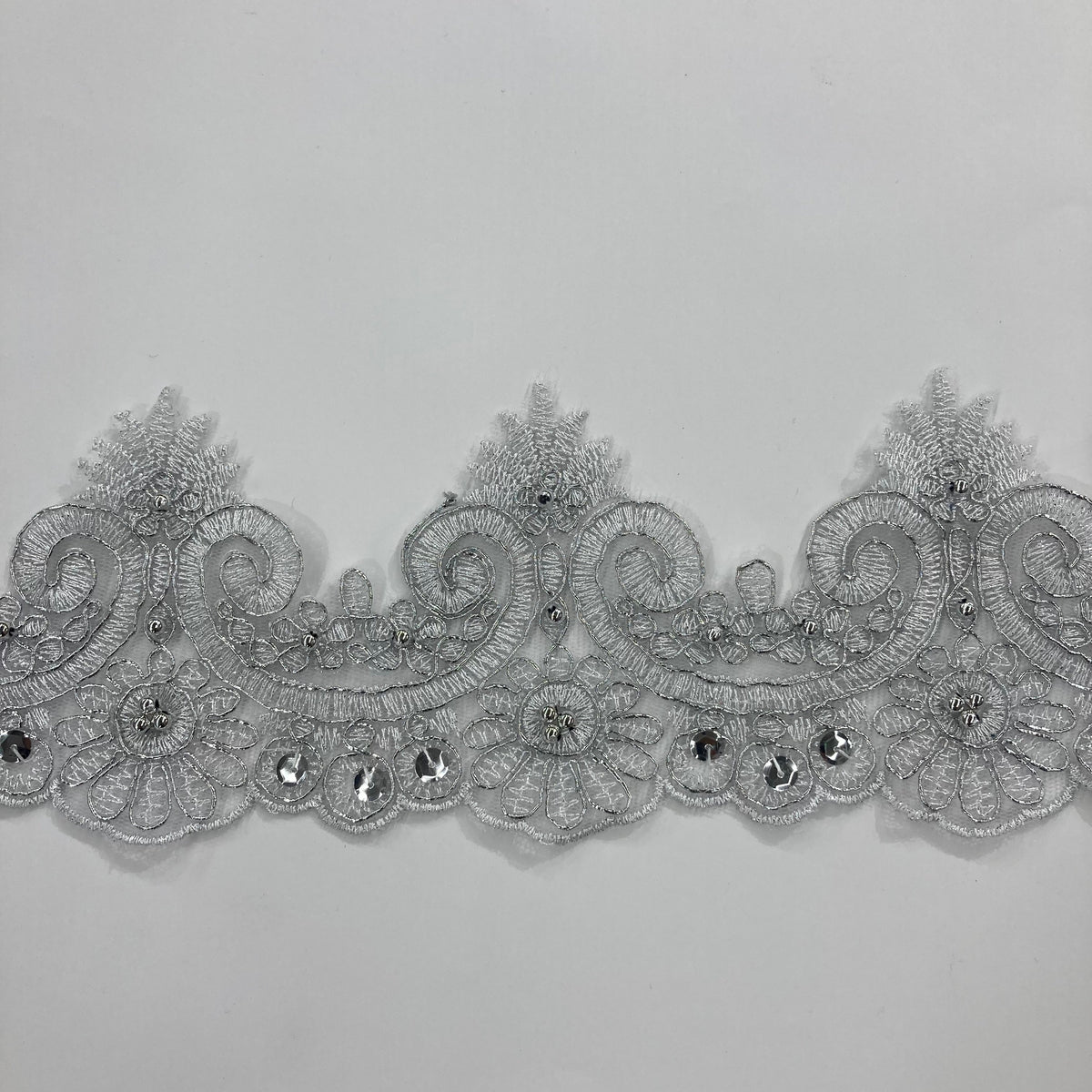 1 Yard Beaded & Corded Lace Trimming Embroidered on 100% Polyester Net Mesh 4" Wide