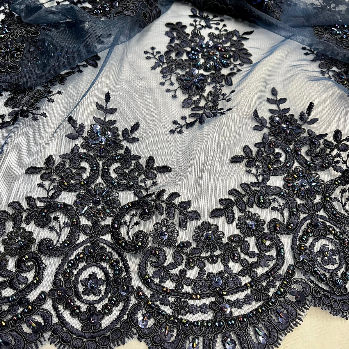 1 Yard Beaded & Corded Embroidered Lace Fabric on 100% Polyester Net Mesh, Elegant Wedding & Evening Material